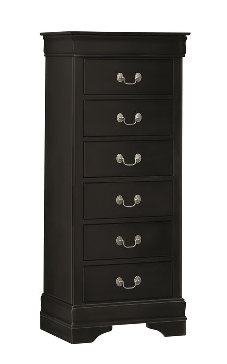 Side view of Louis Philip black nightstand showing two drawers