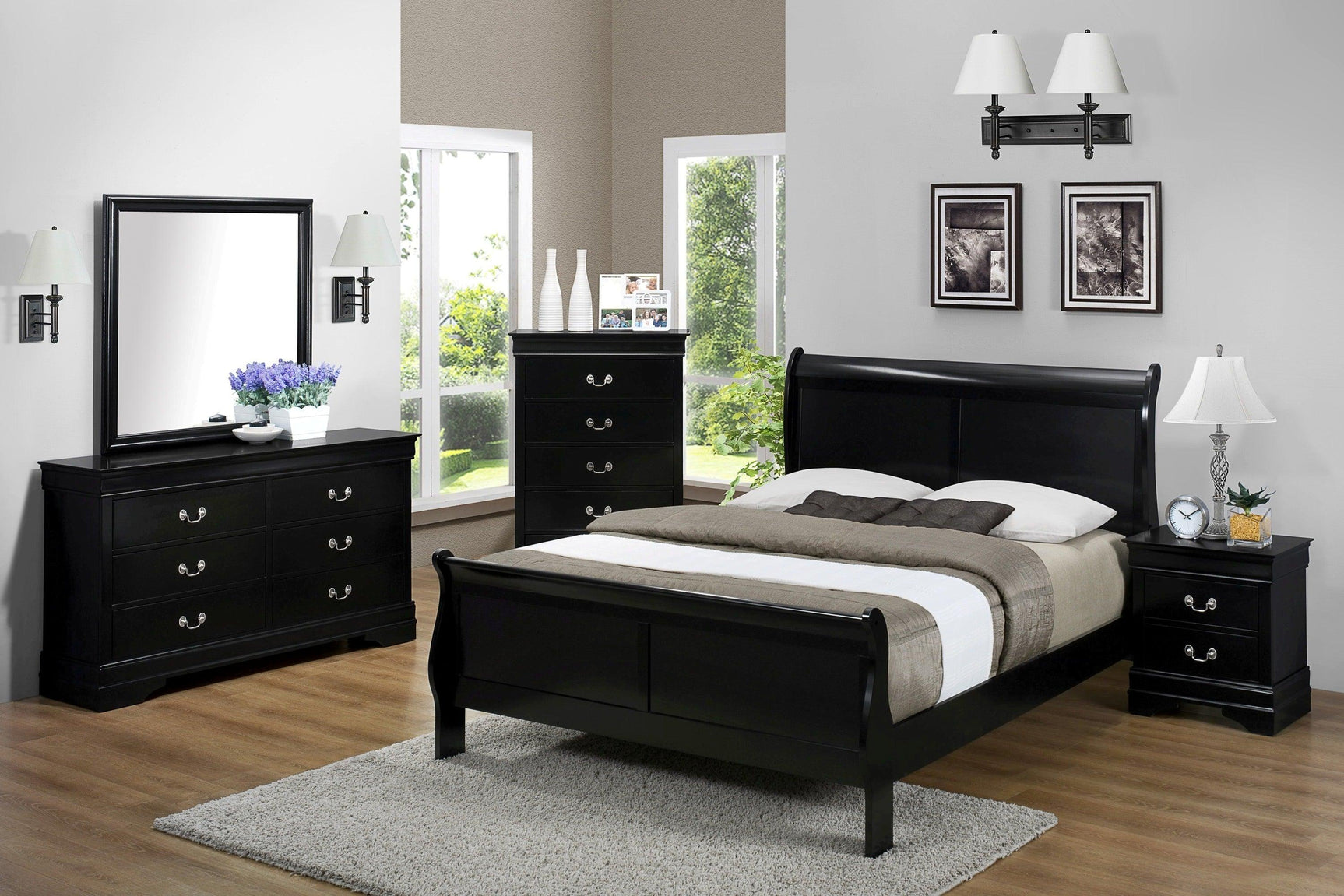 Louis Philip nightstand next to bed frame from same collection
