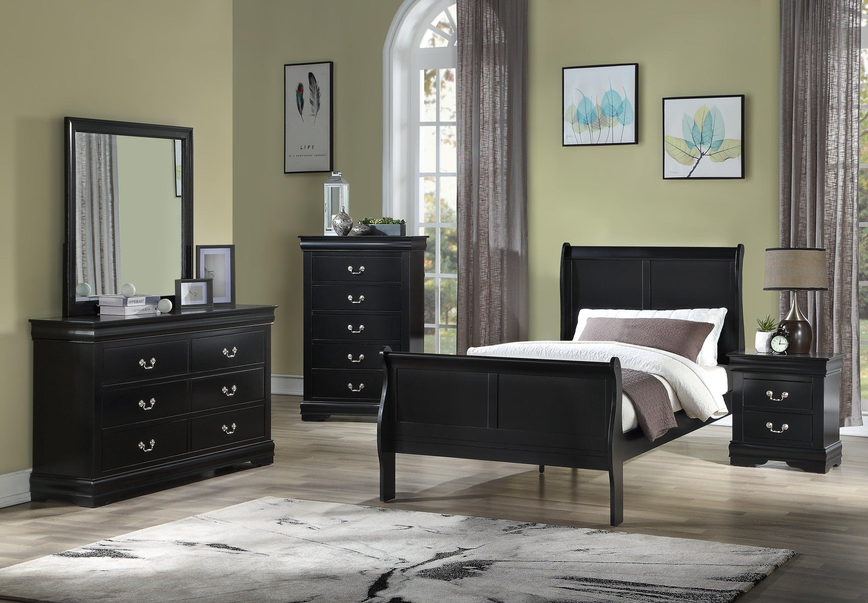 Louis Philip Black Queen Sleigh Bed angled side view