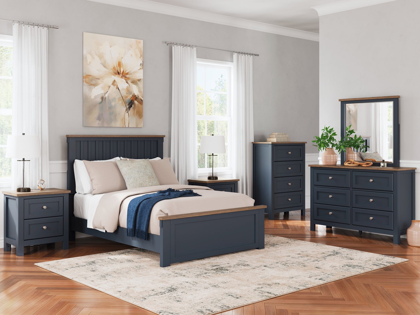 Landocken brown and blue chest of drawers front view