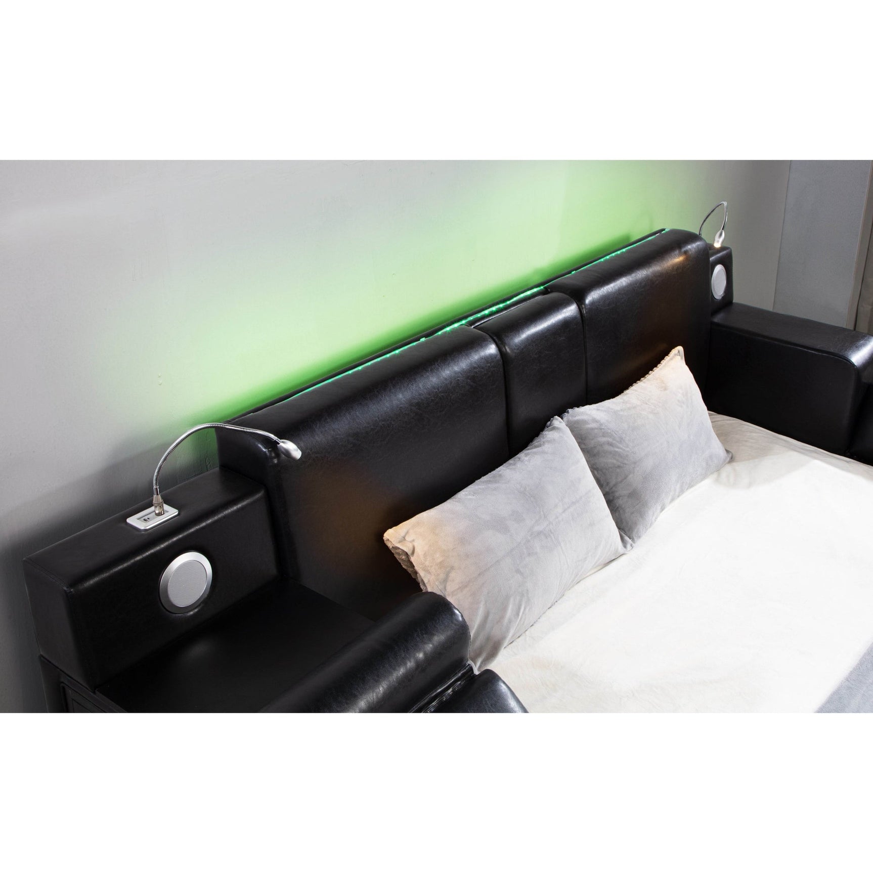 Queen bed with built-in Bluetooth speakers