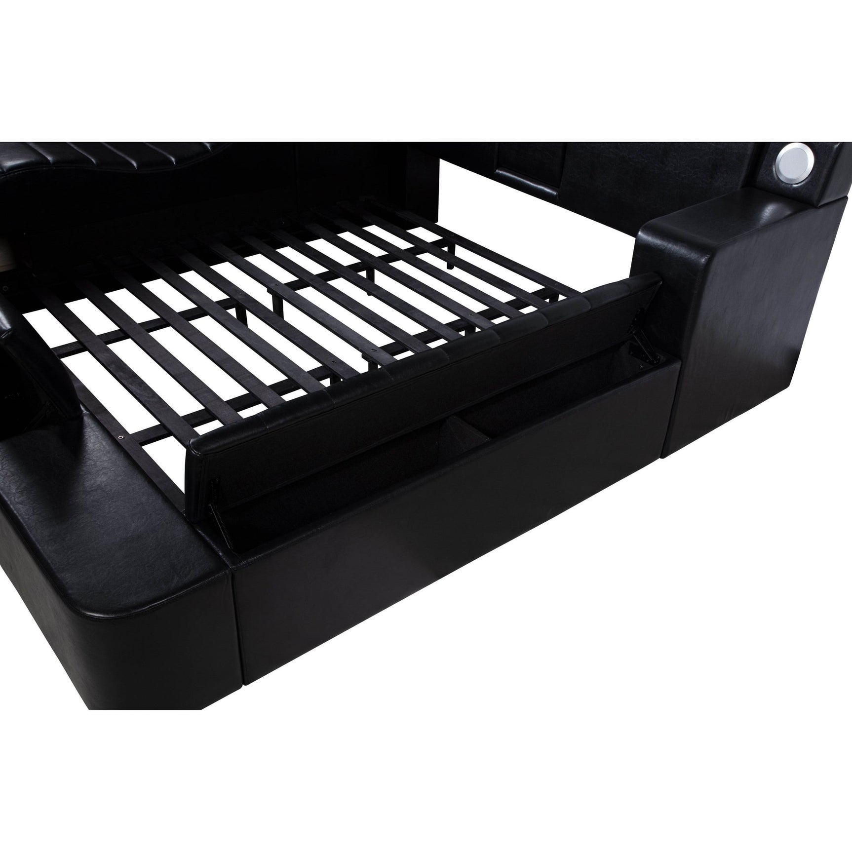 Bed drawers open showing storage space