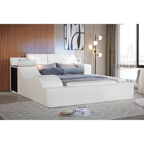 Apollo white upholstered queen bed angled view