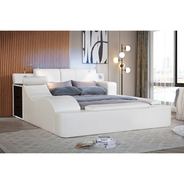 Apollo white upholstered queen bed angled view