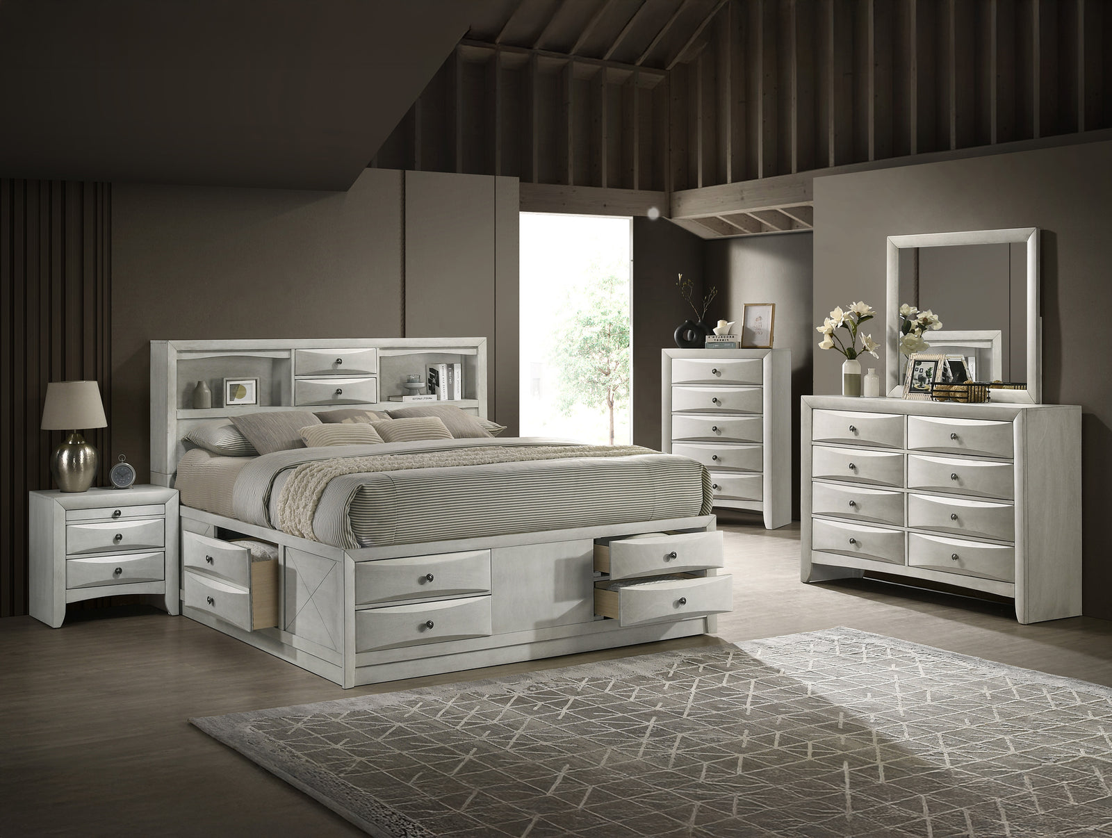main view of Emily White Storage Platform Bedroom Set bed