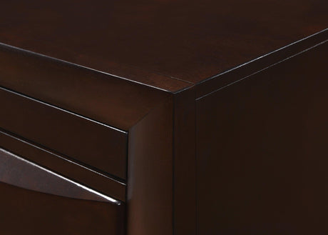 Emily Night Stand in dark cherry wood showing front angle with 2 drawers and bottom shelf