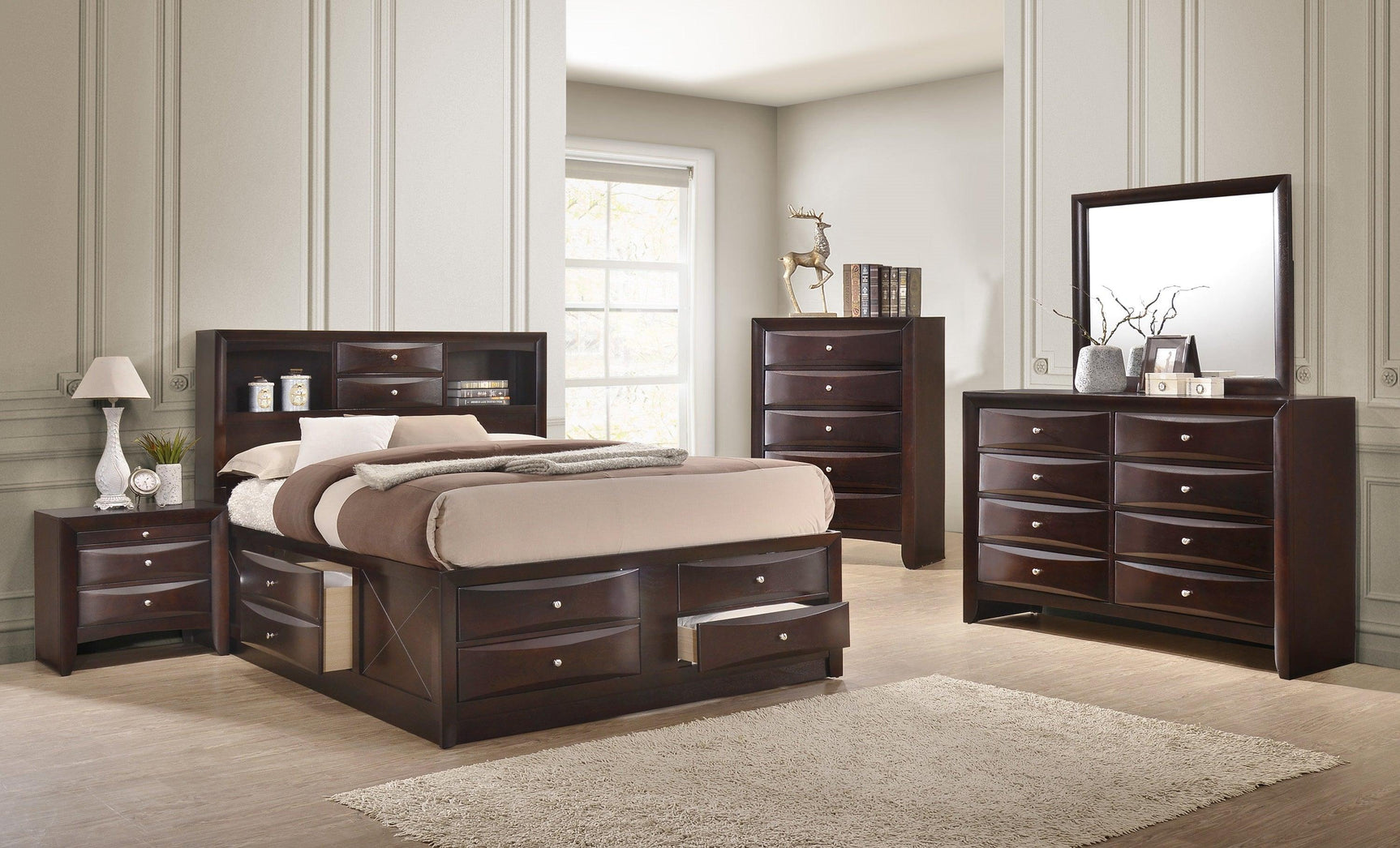 Emily Dark Cherry Modern Transitional Wood Queen Storage Bookcase Platform Bed - Ella Furniture