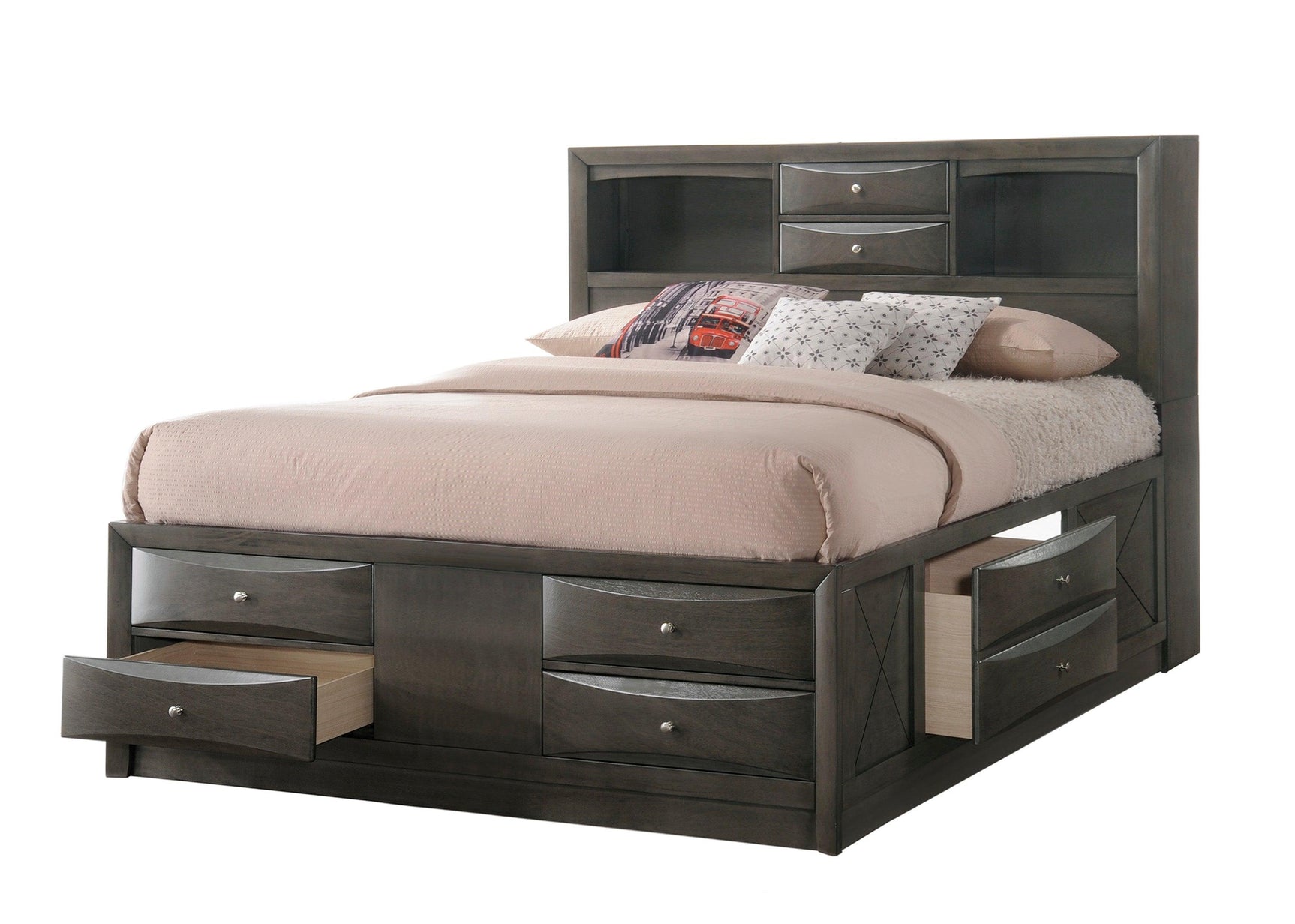 Side view of Emily Gray Oak Storage Platform Bedroom Set bed