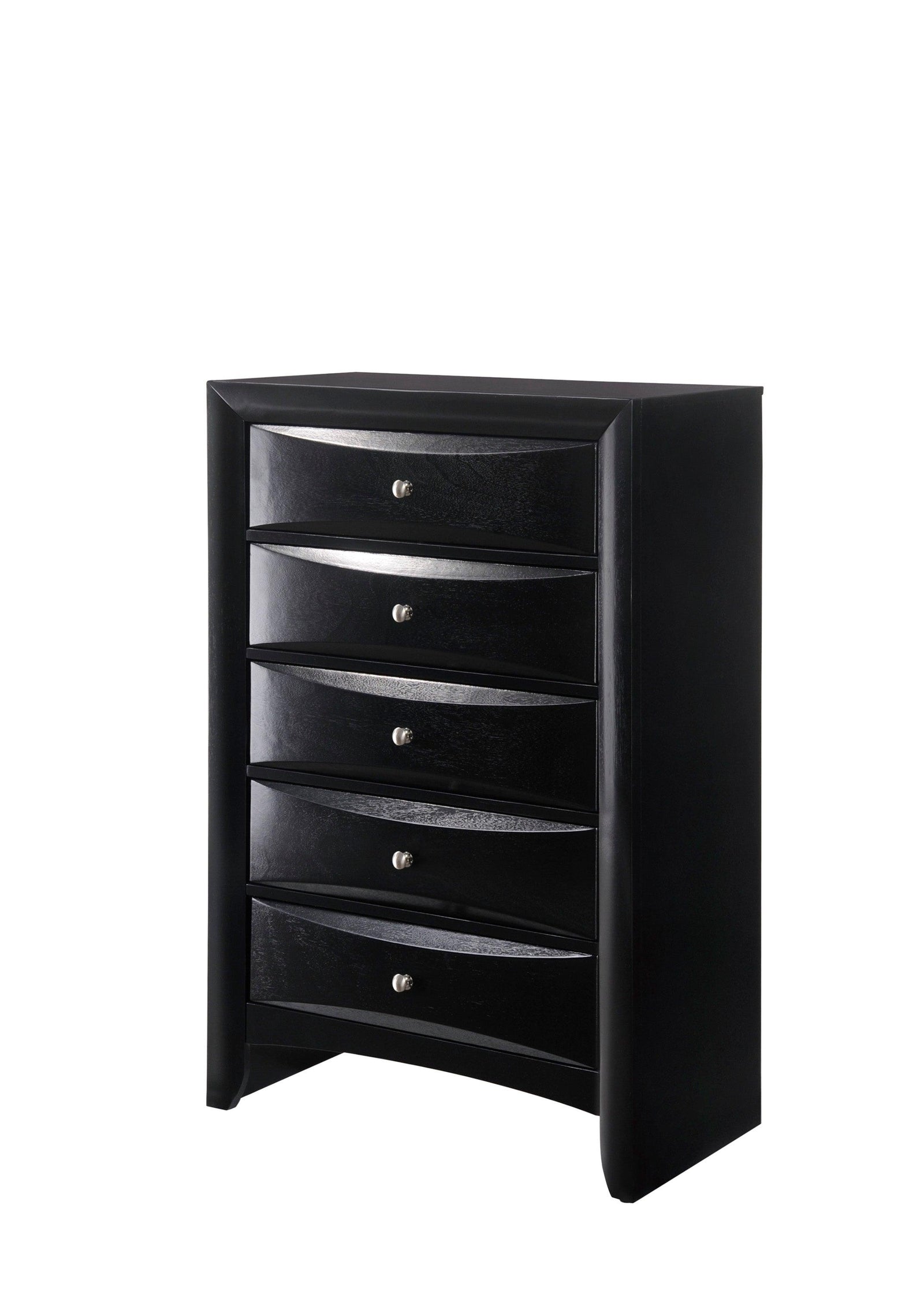 Black Emily Chest, Contemporary Modern Wood, Silver Nickel Knob 5 Drawers - Ella Furniture