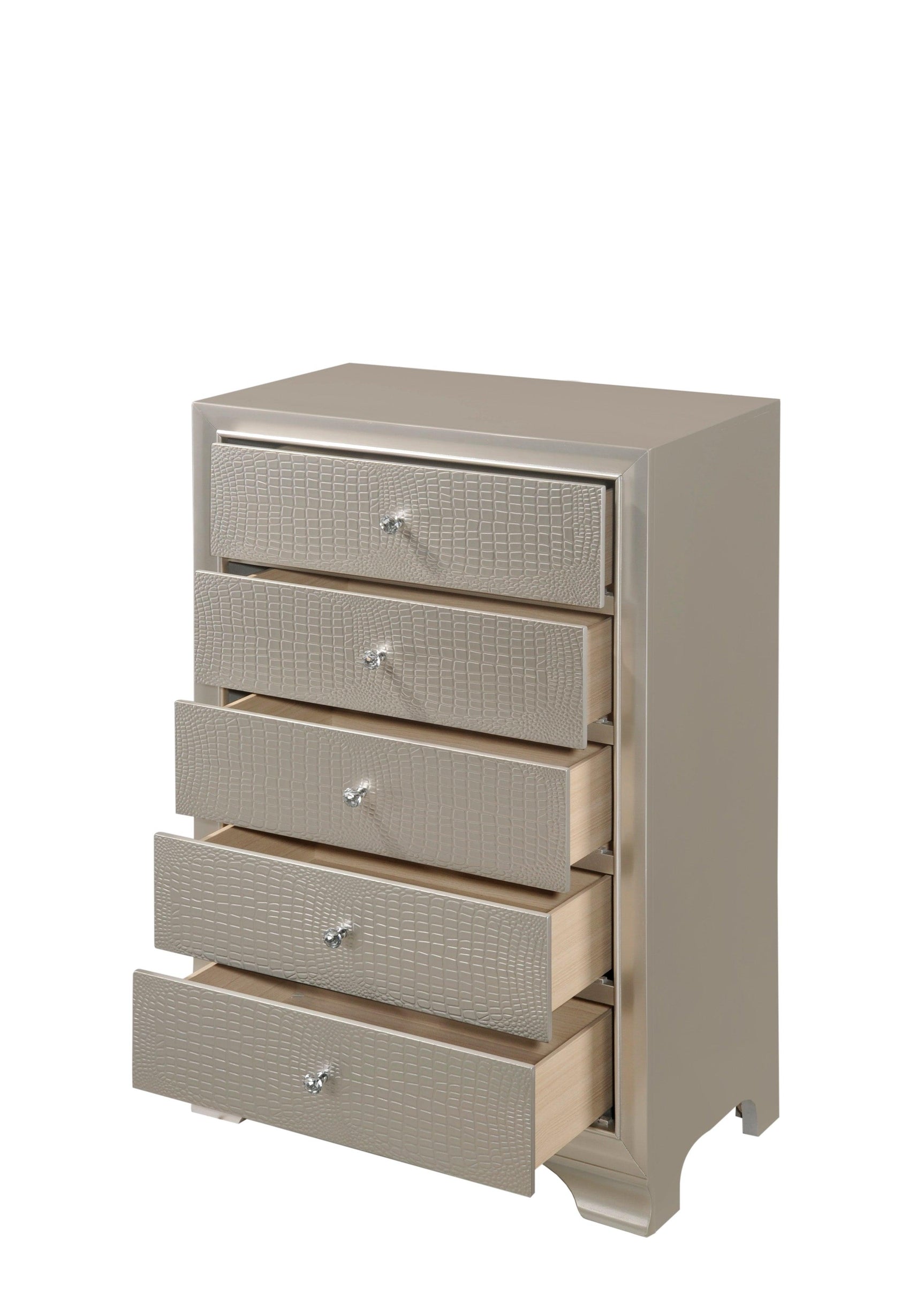 Close-up of nickel knob on Lyssa champagne chest drawer