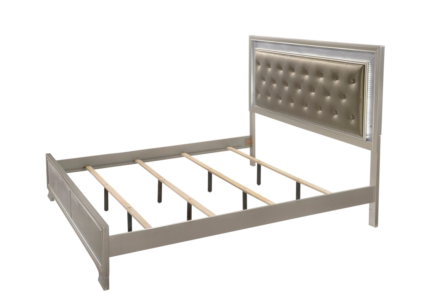 Lyssa Champagne queen bed with LED tufted faux leather headboard and footboard