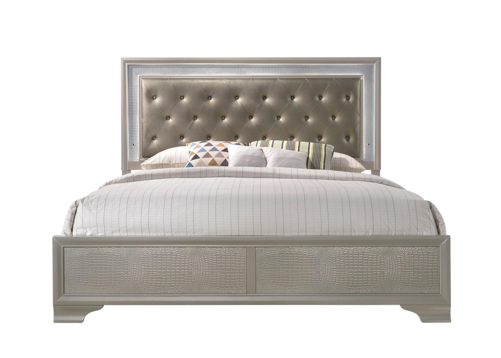 Lyssa Champagne King LED Faux Leather Tufted Upholstered Panel Bed