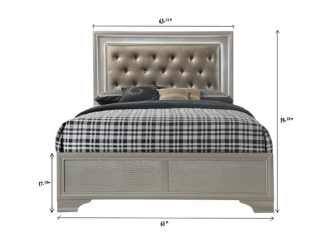Lyssa Champagne queen bed with LED tufted faux leather headboard and footboard