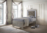 Lyssa Champagne queen bed with LED tufted faux leather headboard and footboard