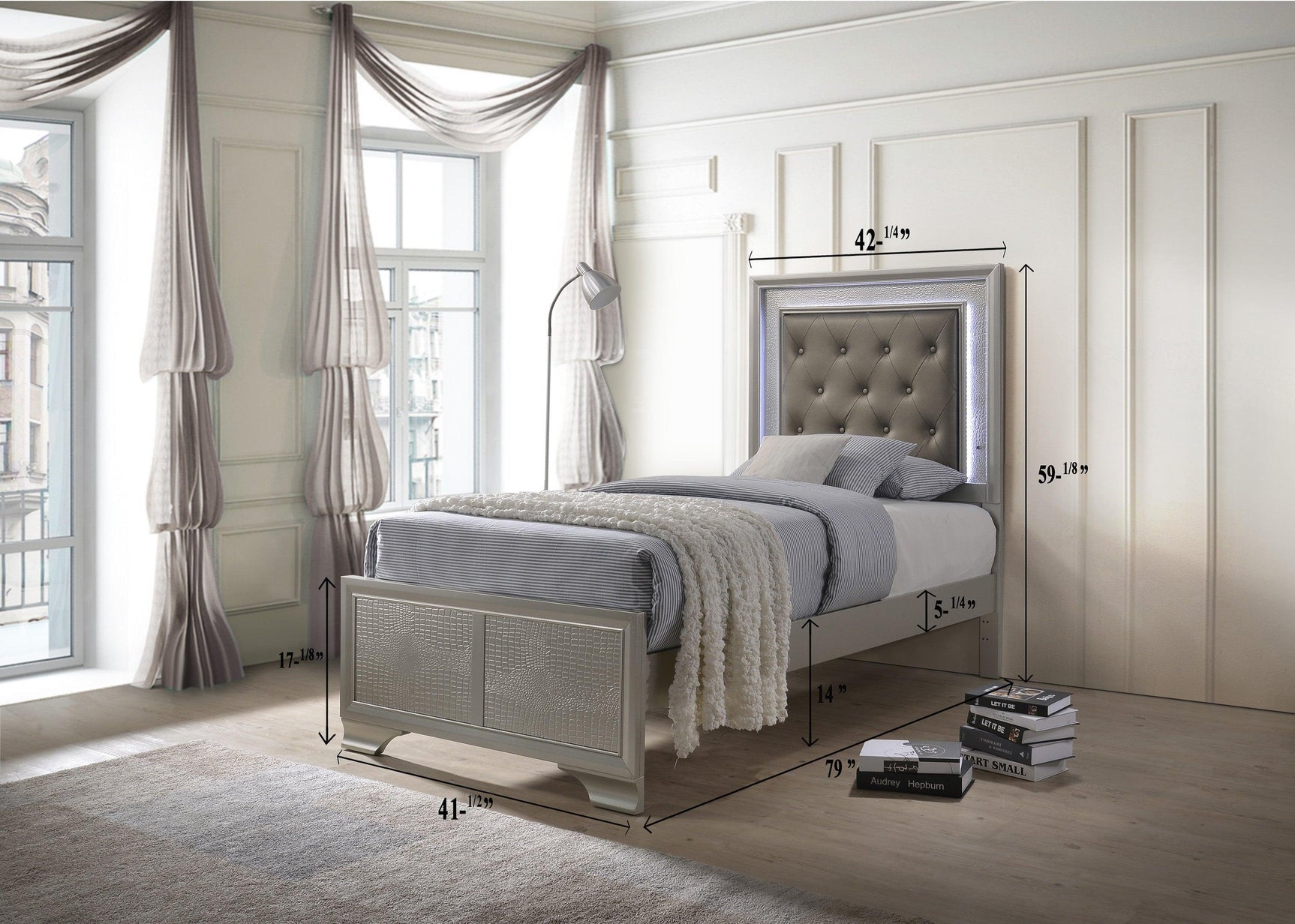 Lyssa Champagne queen bed with LED tufted faux leather headboard and footboard