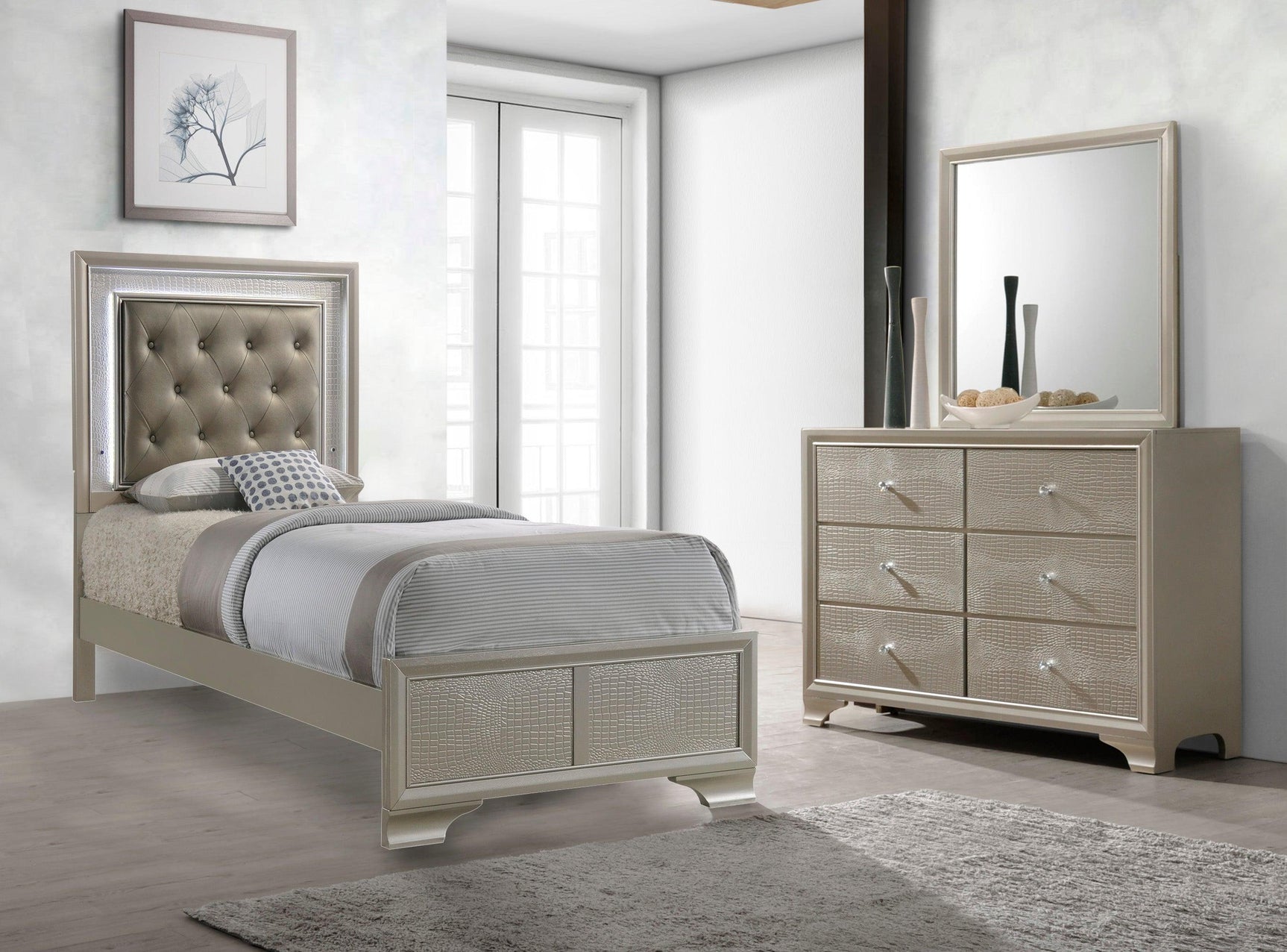 Lyssa Champagne King LED Faux Leather Tufted Upholstered Panel Bed