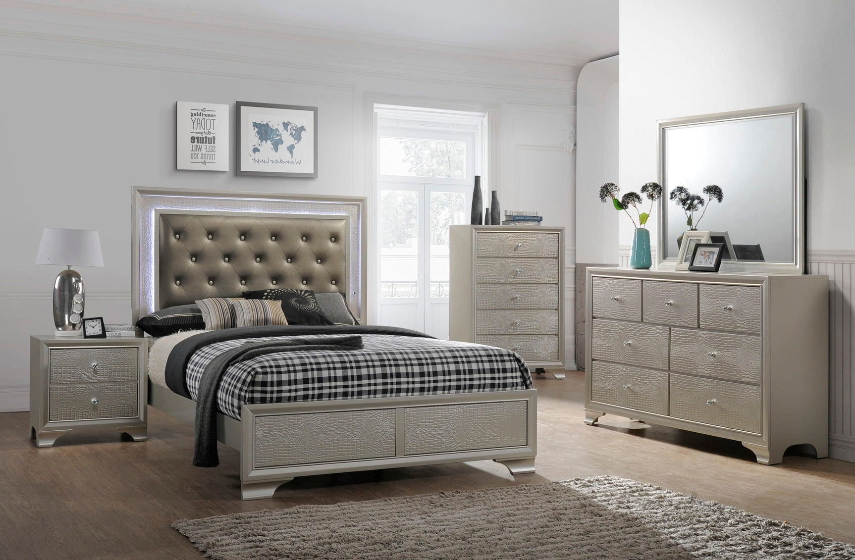 Lyssa Champagne LED faux leather upholstered queen bed, side angle