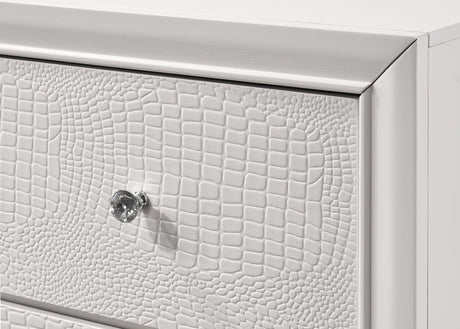 Detail of button tufting on white frost faux leather upholstery
