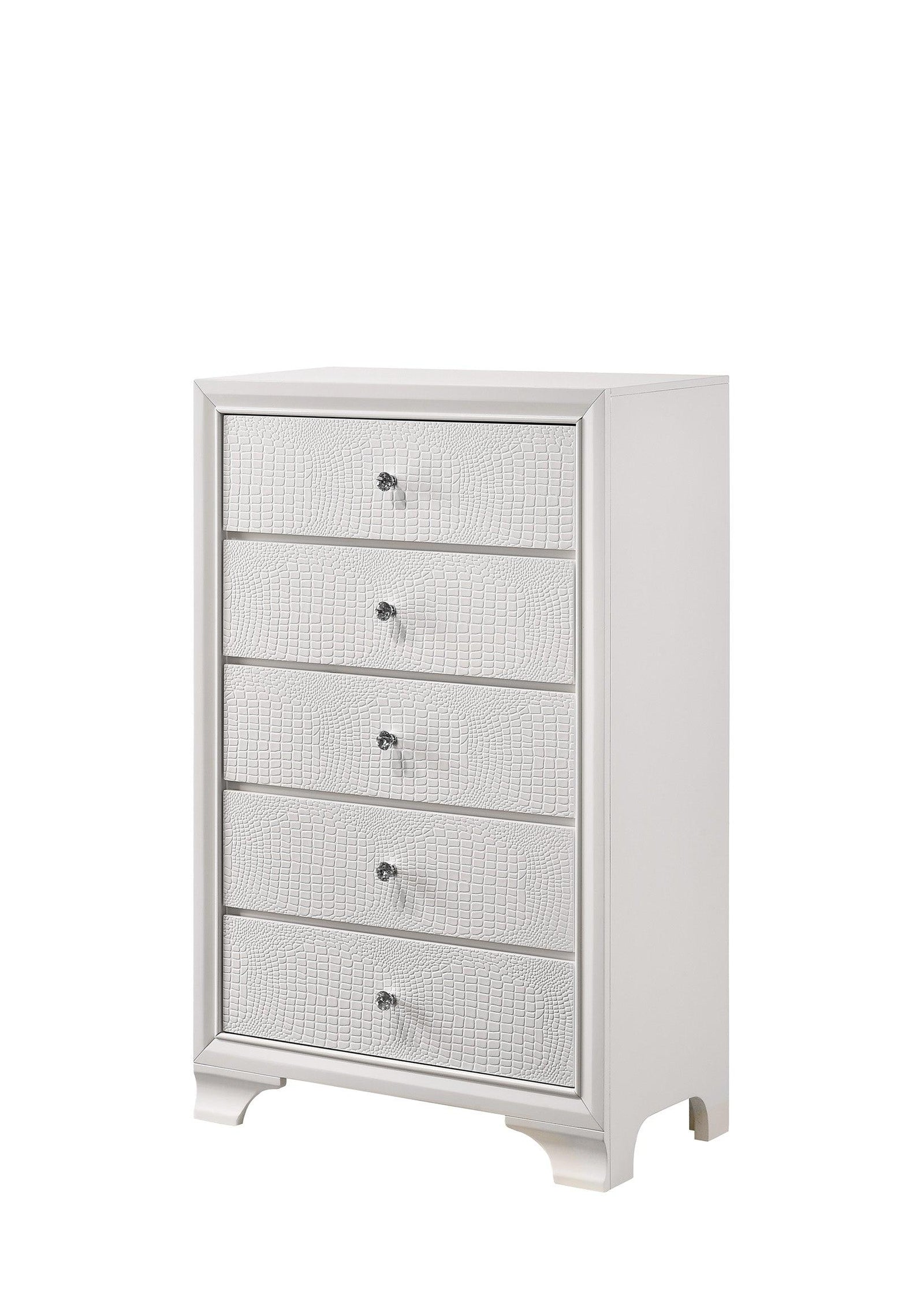 Lyssa Chest Frost, Modern Faux Finish, Nickel Knob 5 Drawers - Ella Furniture