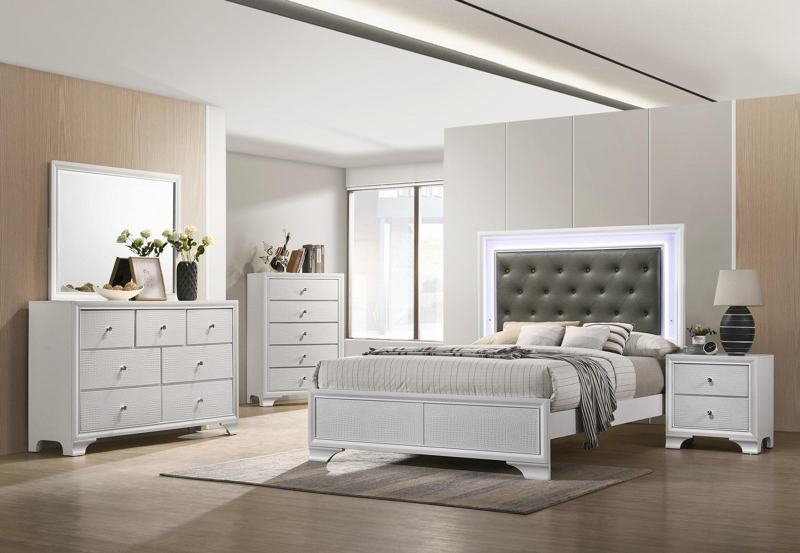 main view of Lyssa Frost LED Faux Leather Upholstered Tufted Panel Bedroom Set bed