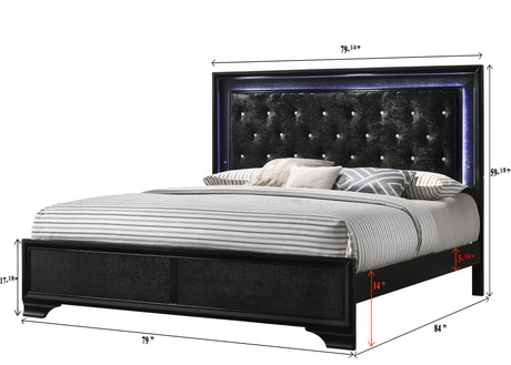 bedroom view of Micah Black LED Fabric Upholstered Tufted Panel Bedroom Set bed