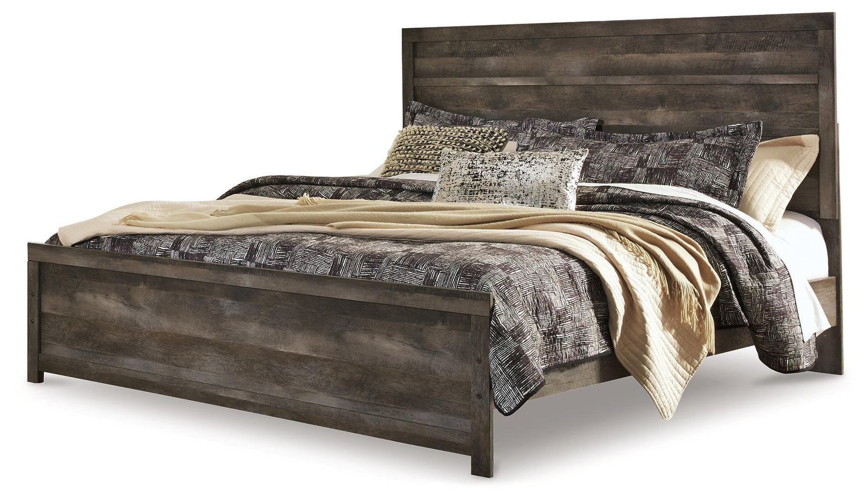 Close-up of gray planked oak grain finish on Wynnlow bed