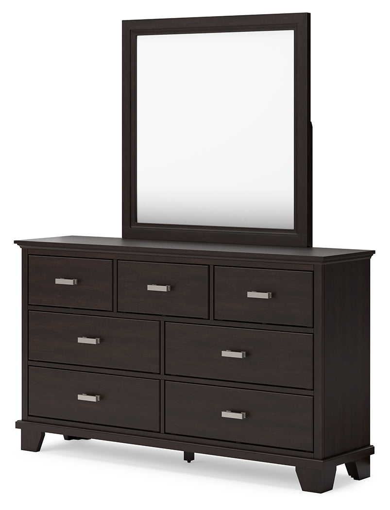 Back view of Covetown dark brown dresser and mirror