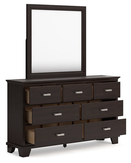 Side alternate view of Covetown dresser showing drawer fronts