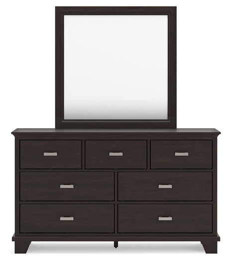 Front angled view of Covetown dresser and mirror