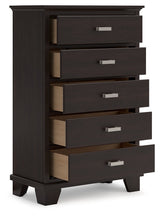 Side view of Covetown dark brown 5-drawer chest