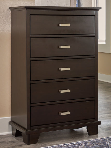 Covetown dark brown chest of drawers angled side view