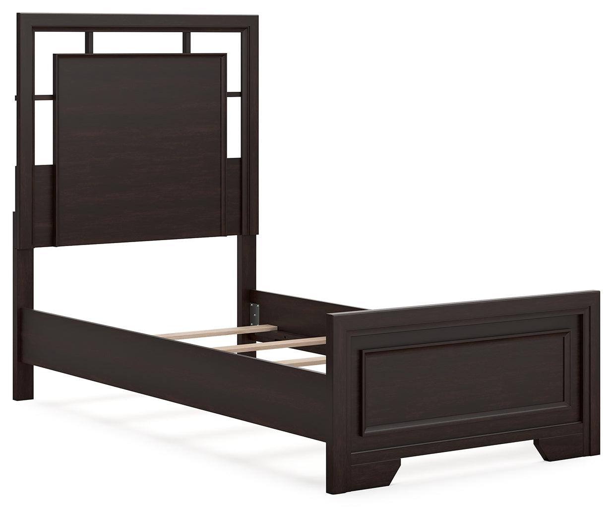 Covetown dark brown twin panel bed angled headboard view
