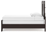 Covetown dark brown twin panel bed side angled close-up