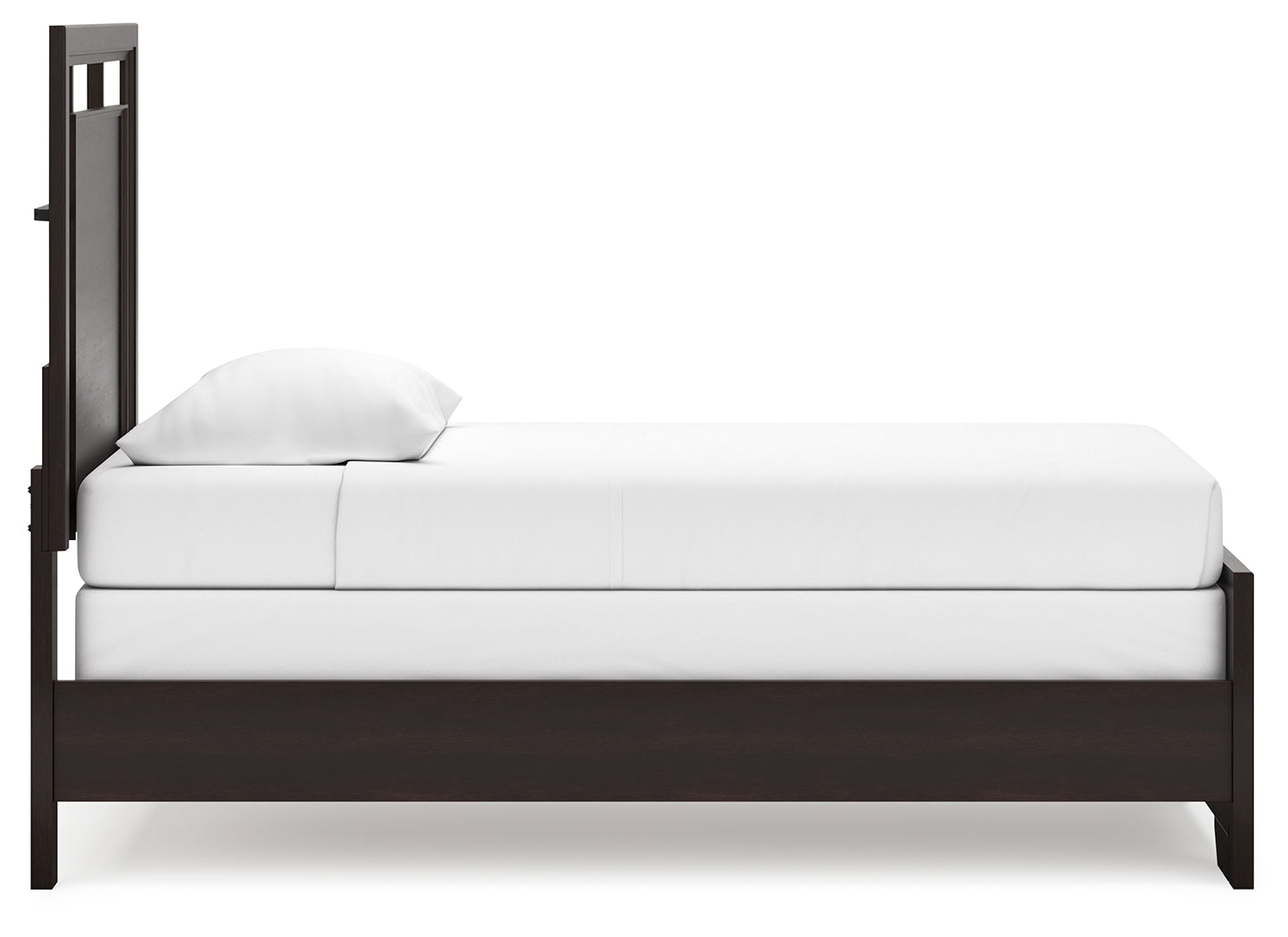 Covetown dark brown twin panel bed side view