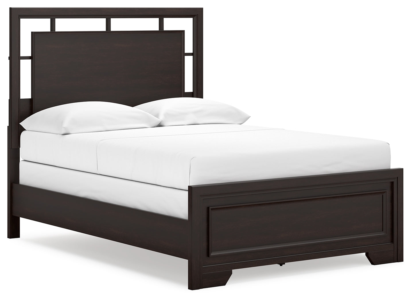 Covetown dark brown full panel bed angled side view
