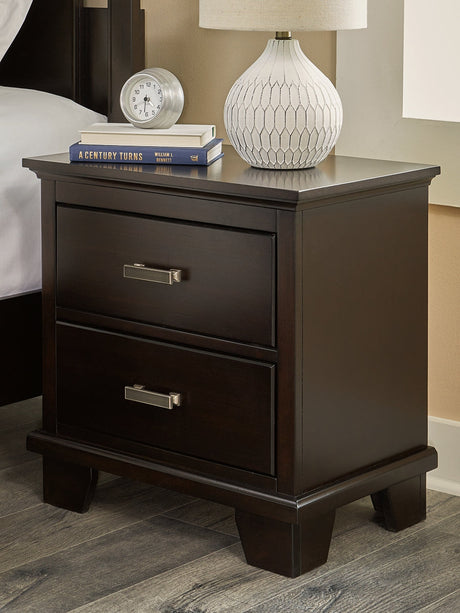 Covetown nightstand dark brown finish front angle