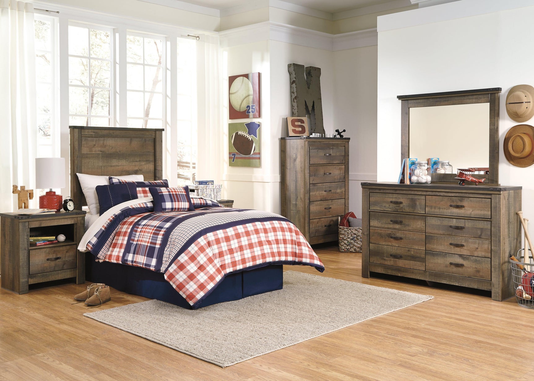 Five drawers of Trinell Chest showcasing wrap-around hardware