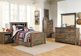 Under-bed view of large storage drawer on Trinell Twin Bookcase Bed