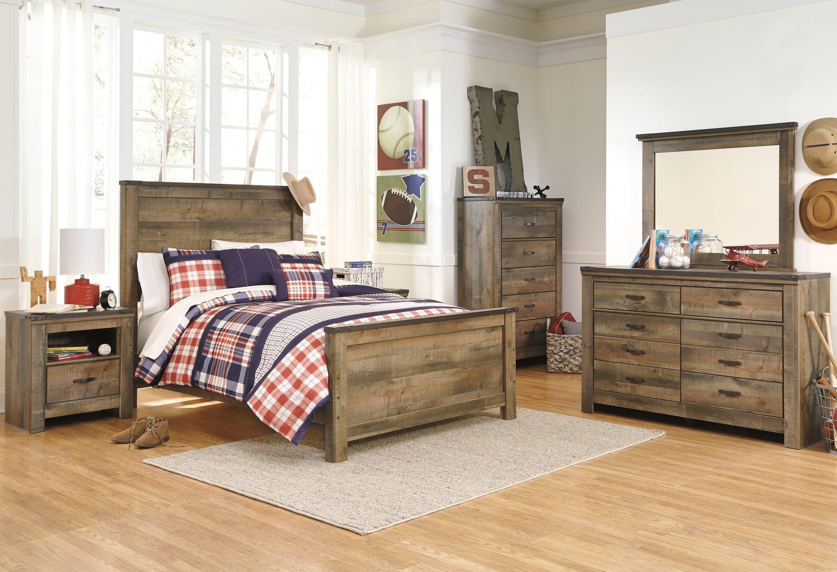 Close-up on rustic brown plank finish on Trinell Panel Bed headboard