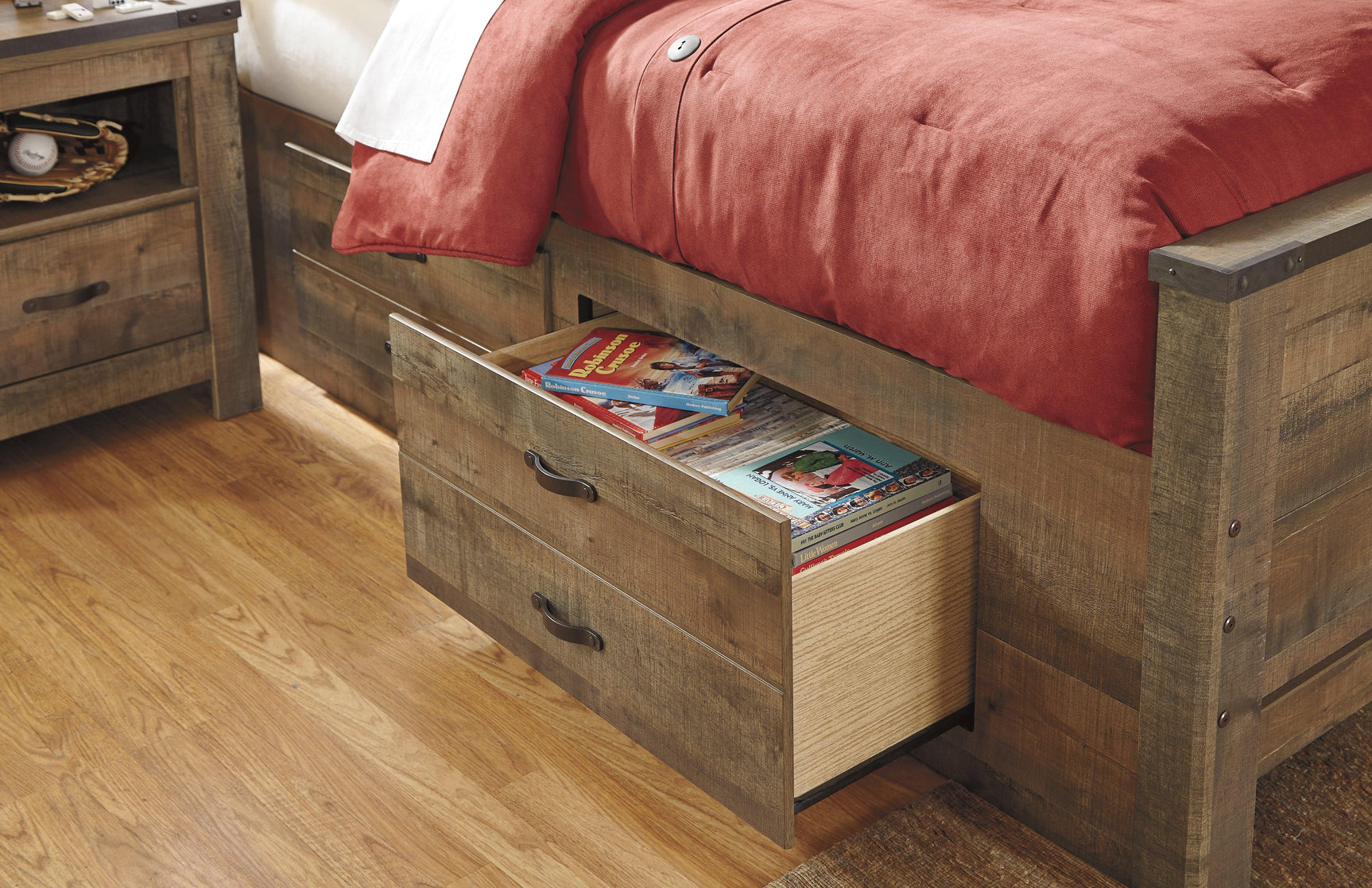 Detail of nailhead trim on the Trinell brown bookcase bed