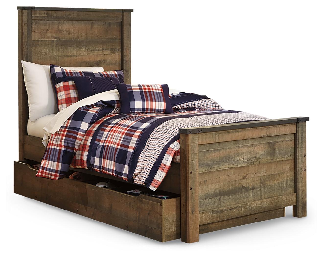 Close-up of Trinell bed rustic plank finish and nailhead accents