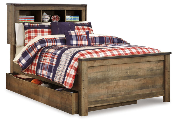 Trinell Brown Full Bookcase Bed angled view showcasing storage shelves