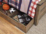 Trinell Full Bookcase Bed headboard corner with brown finish