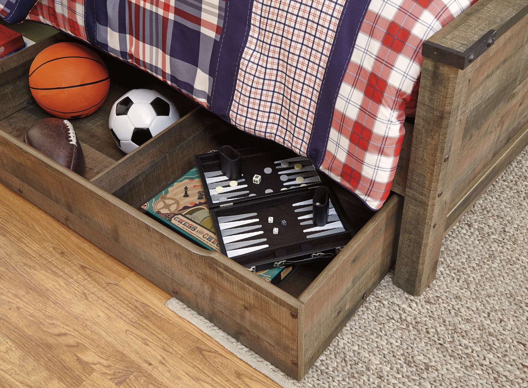 Trinell Full Bookcase Bed headboard corner with brown finish