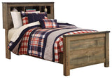 Side view of Trinell Brown Twin Bookcase Bed showcasing rustic finish and nailhead accents