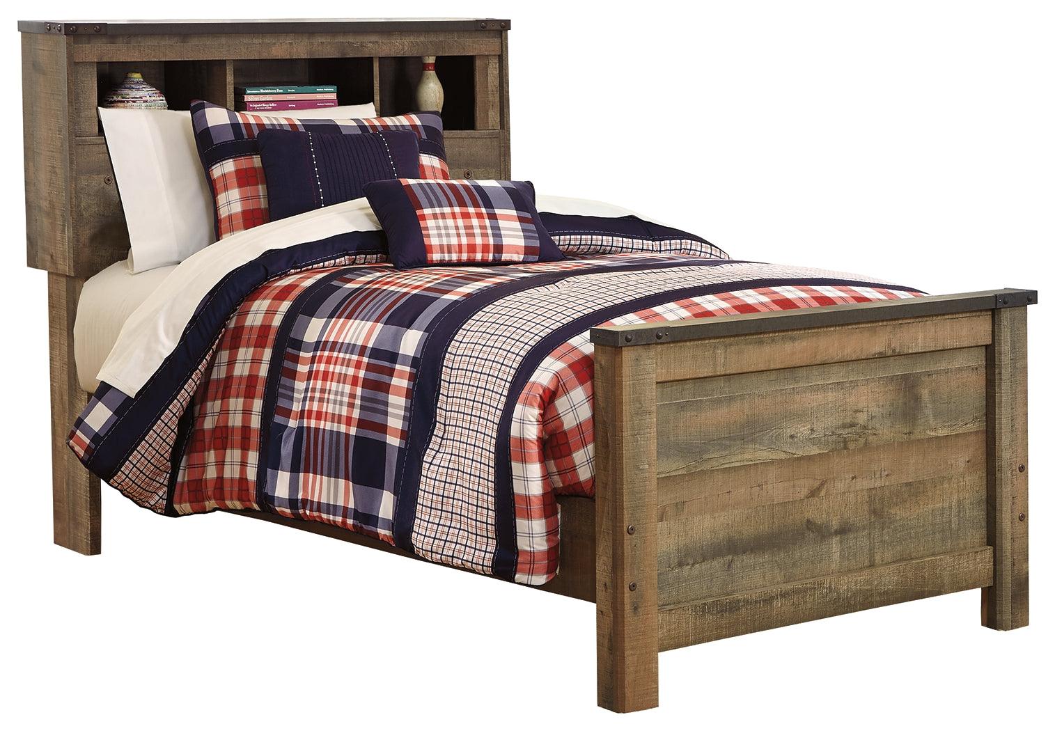Side view of Trinell Brown Twin Bookcase Bed showcasing rustic finish and nailhead accents