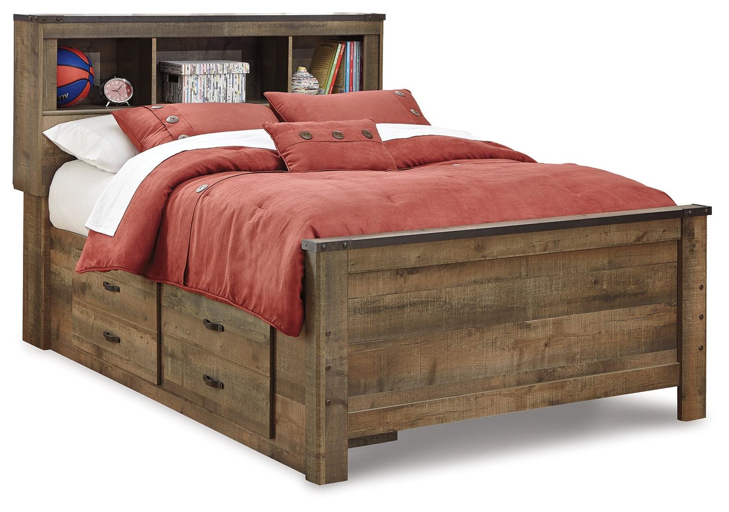Close-up of the rustic plank finish on Trinell Bookcase Bed headboard