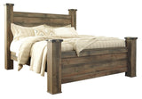 Side angle of Trinell Brown King Poster Bed showing storage drawers