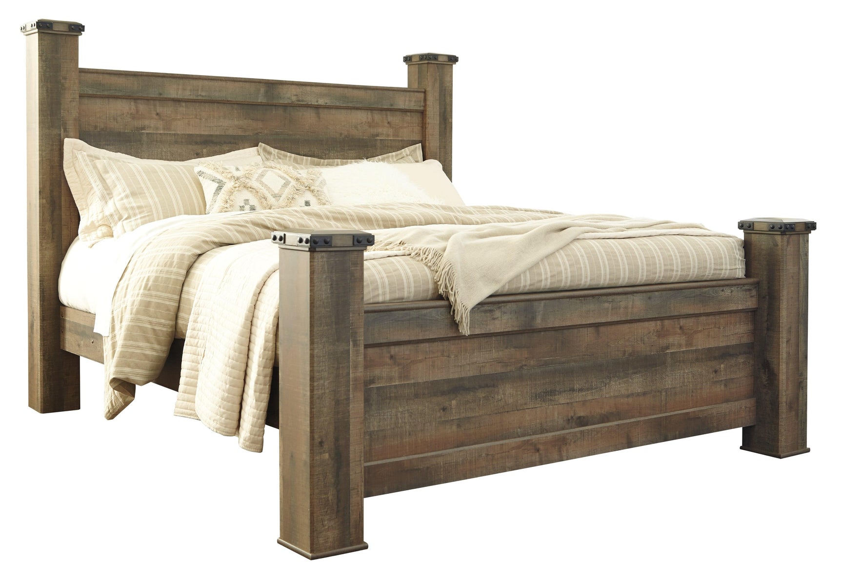 Side angle of Trinell Brown King Poster Bed showing storage drawers