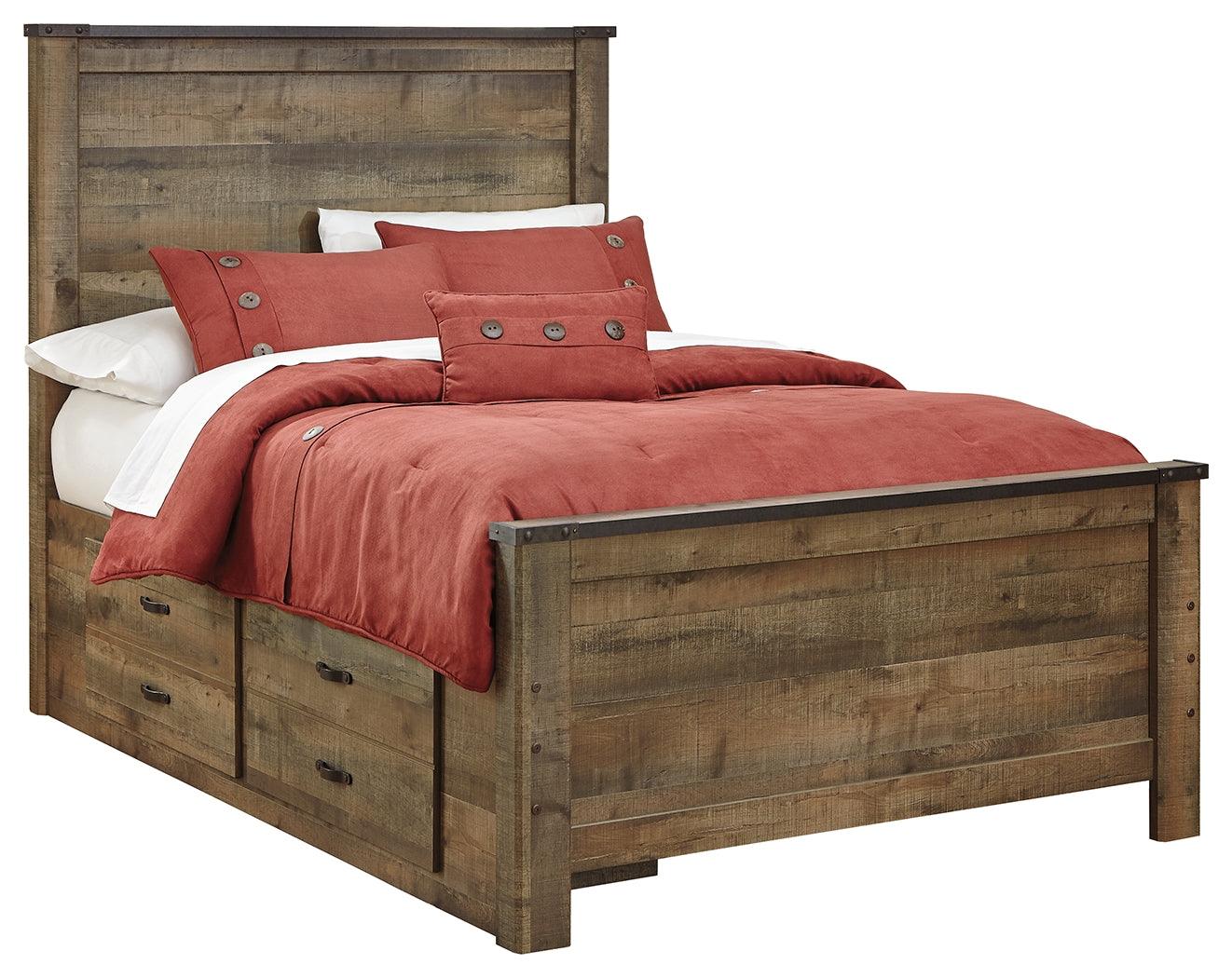 Nailhead accents on bed frame panels